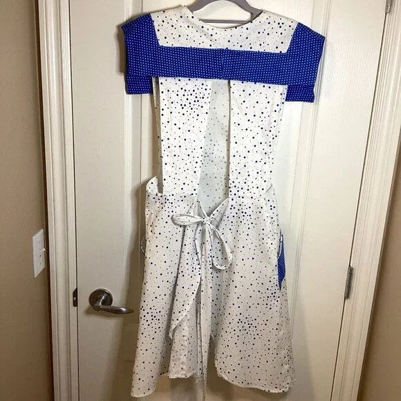 Handmade 1960's Retro Style Apron White Blue Dots Kitchen Linens Cottage Core - Picture 4 of 8